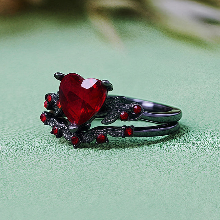Olivenorma 2Pcs Heart Ruby Quartz Black Ring Set - image 5