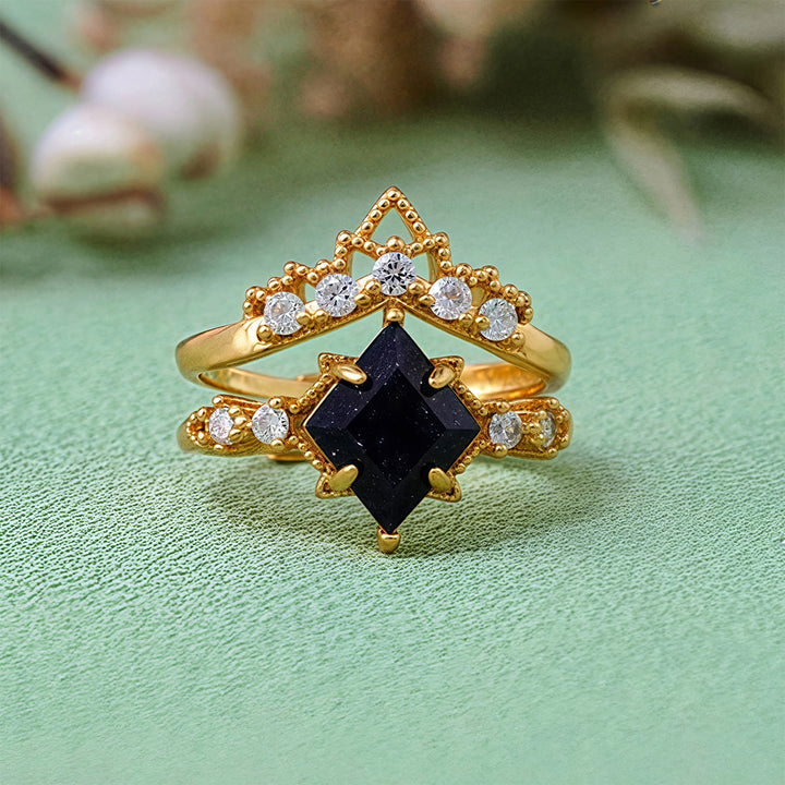 Olivenorma "Princess Crown" 2 Pcs Blue Sandstone Ring Set - Golden - image 1