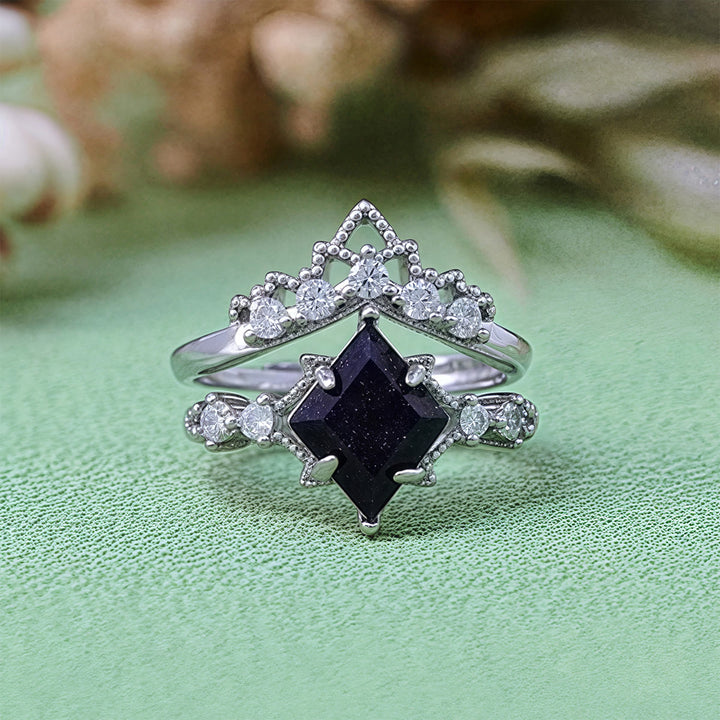 Olivenorma "Princess Crown" 2 Pcs Blue Sandstone Ring Set - Silver - image 9