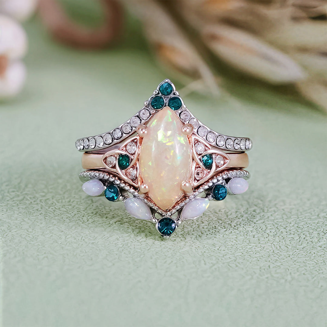 Olivenorma Vintage Milgrain Marquise Opal and Emerald Three-Piece Ring Set  - Opal & Emerald - US 10 - image 0