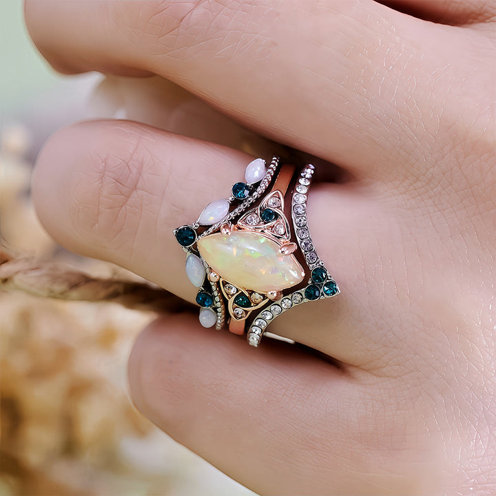 Olivenorma Vintage Milgrain Marquise Opal and Emerald Three-Piece Ring Set  - image 1