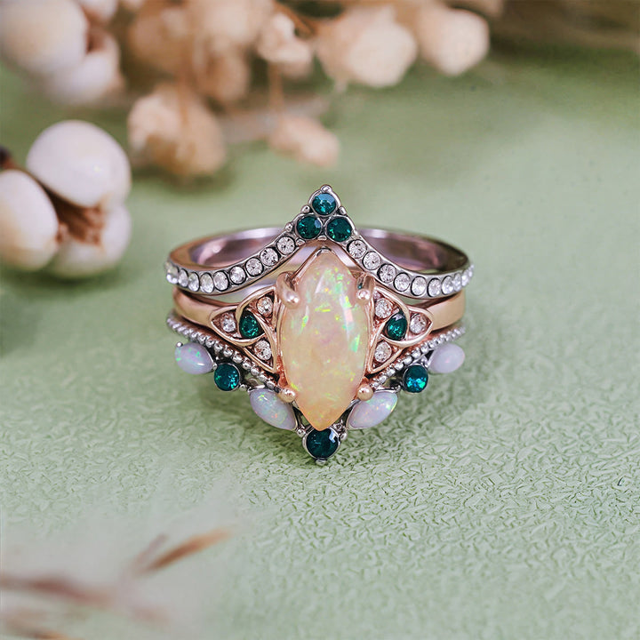 Olivenorma Vintage Milgrain Marquise Opal and Emerald Three-Piece Ring Set  - image 4