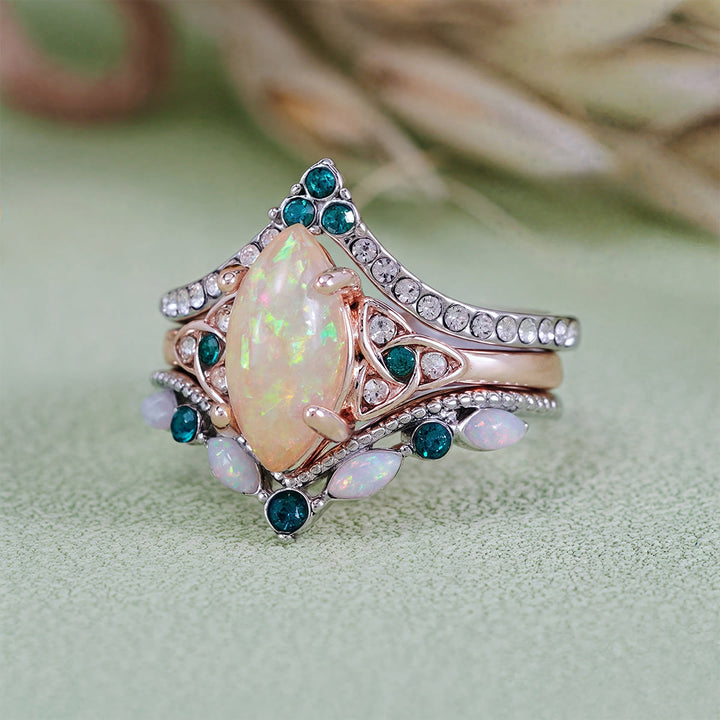 Olivenorma Vintage Milgrain Marquise Opal and Emerald Three-Piece Ring Set  - image 3
