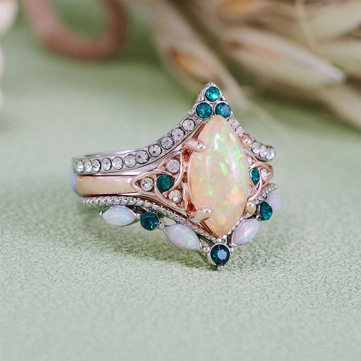 Olivenorma Vintage Milgrain Marquise Opal and Emerald Three-Piece Ring Set  - image 5