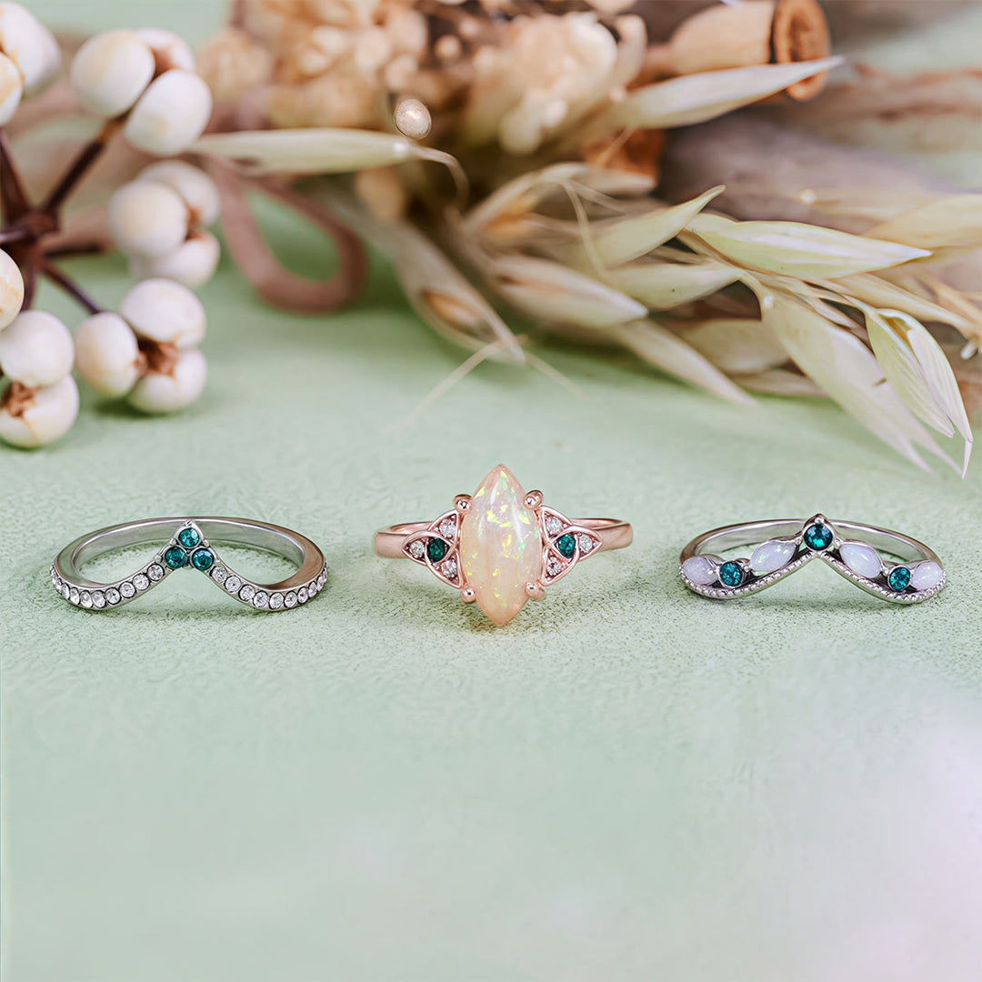 Olivenorma Vintage Milgrain Marquise Opal and Emerald Three-Piece Ring Set  - image 6