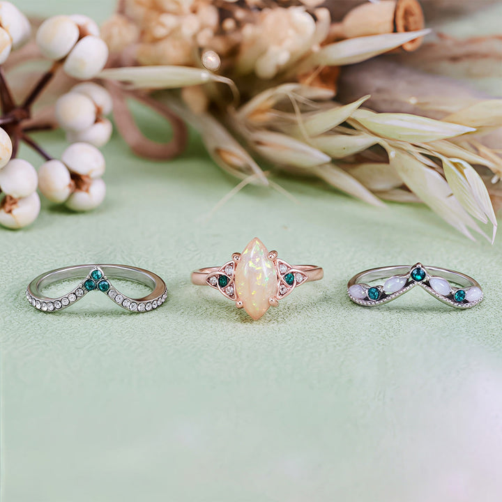 Olivenorma Vintage Milgrain Marquise Opal and Emerald Three-Piece Ring Set  - image 6