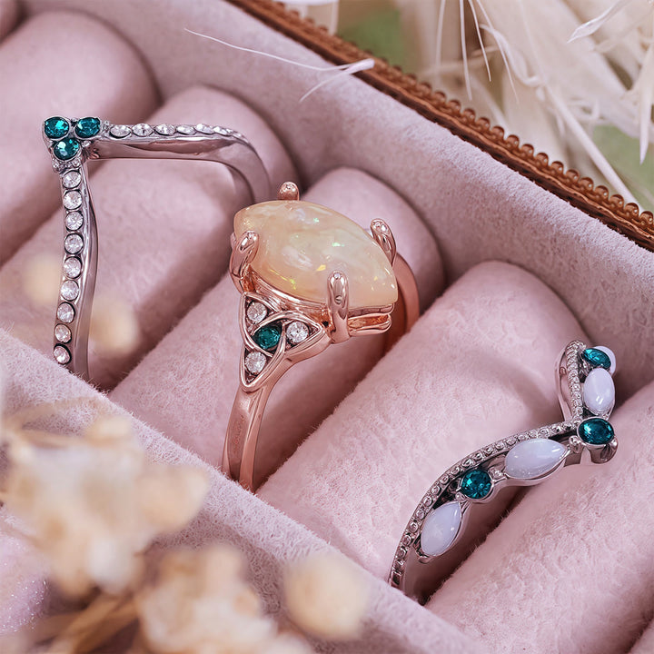 Olivenorma Vintage Milgrain Marquise Opal and Emerald Three-Piece Ring Set  - image 7