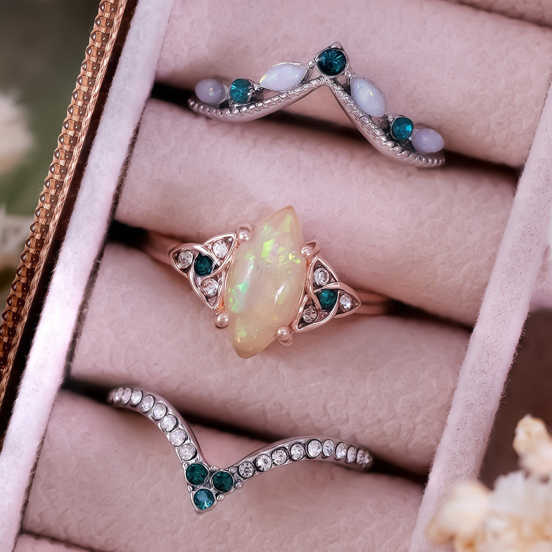 Olivenorma Vintage Milgrain Marquise Opal and Emerald Three-Piece Ring Set  - image 8