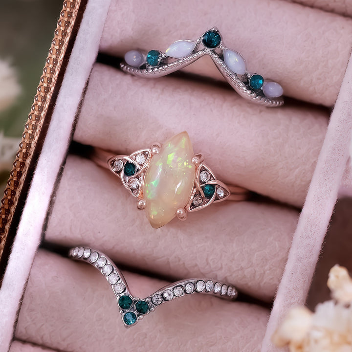 Olivenorma Vintage Milgrain Marquise Opal and Emerald Three-Piece Ring Set  - image 8