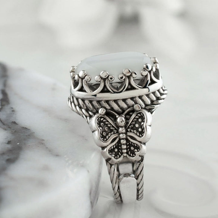 Olivenorma Vintage Oval Cut White Cat's Eye Stone Ring - image 6