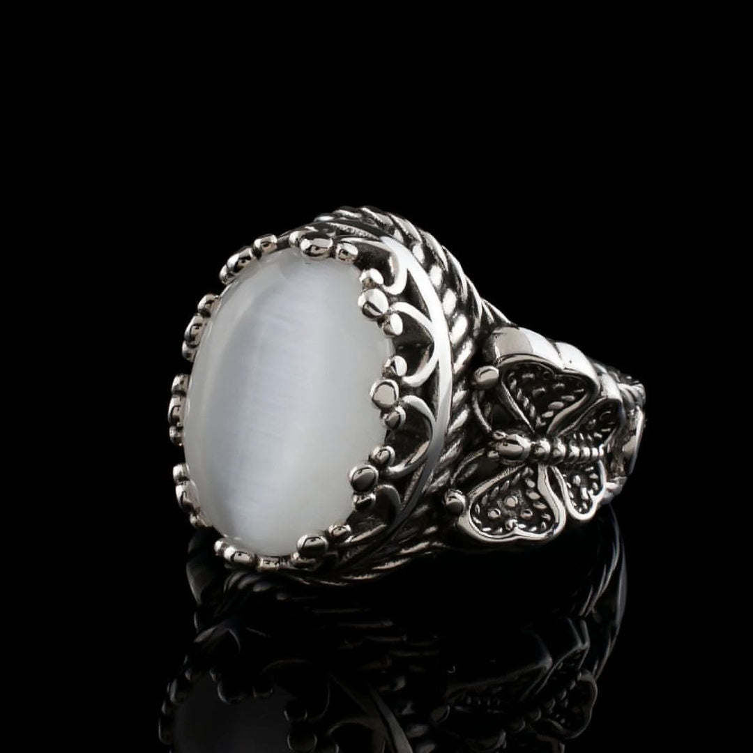 Olivenorma Vintage Oval Cut White Cat's Eye Stone Ring - image 4