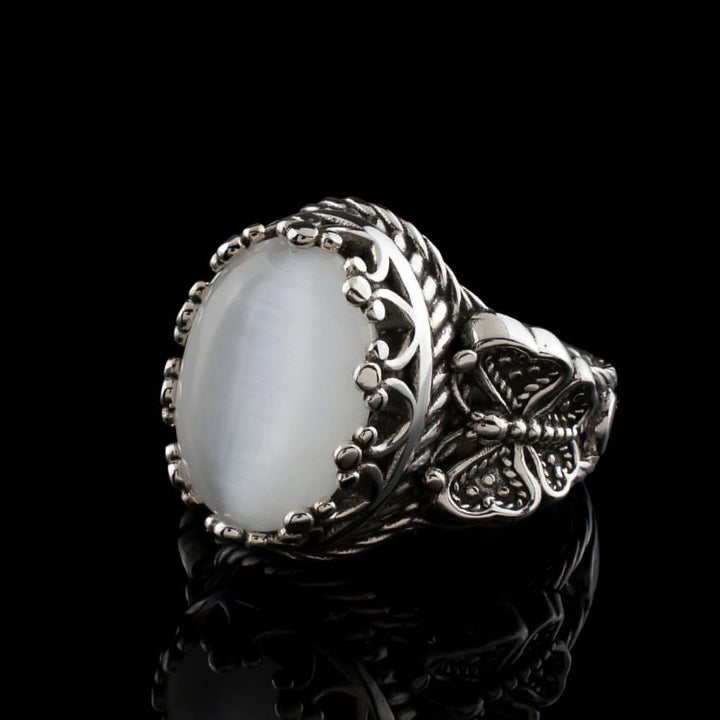Olivenorma Vintage Oval Cut White Cat's Eye Stone Ring - image 4