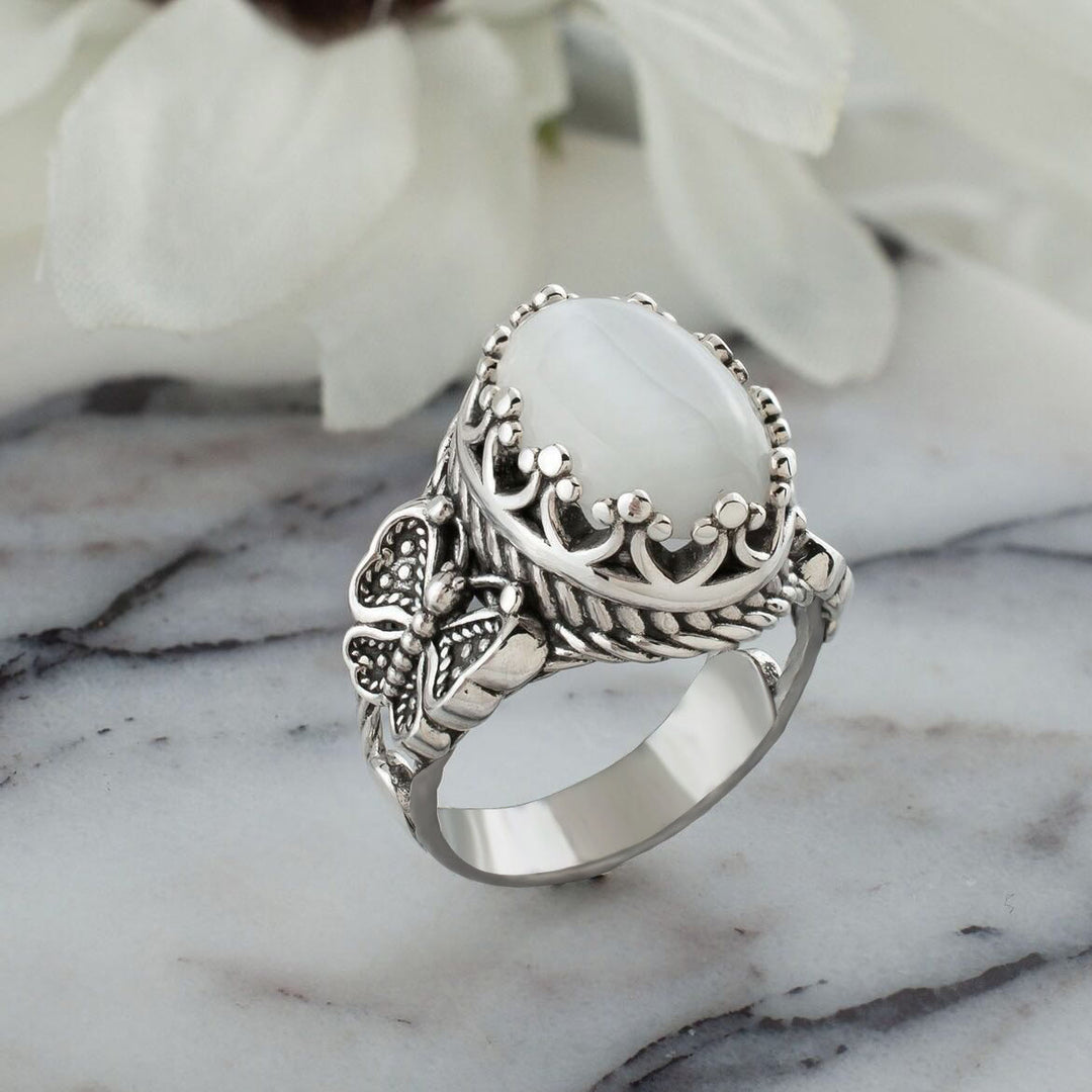 Olivenorma Vintage Oval Cut White Cat's Eye Stone Ring - image 5