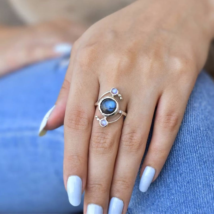 Olivenorma Natural Labradorite Satellite Wrap Design Alloy Ring - image 1
