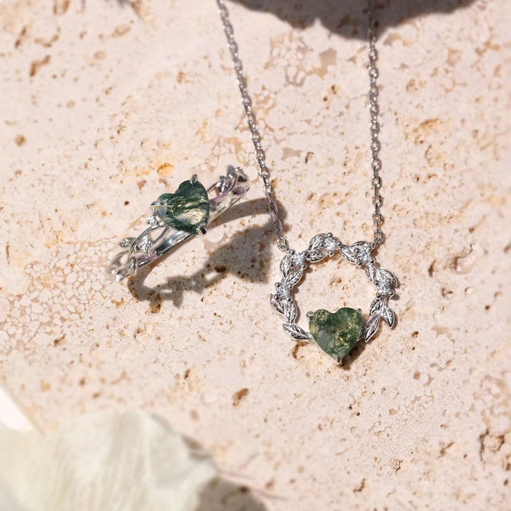 Olivenorma Heart Cut Moss Agate Earrings Necklace Ring - image 0