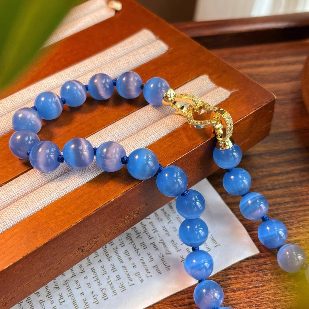 Olivenorma Blue Cat's Eye Stone Beaded Necklace - image 5