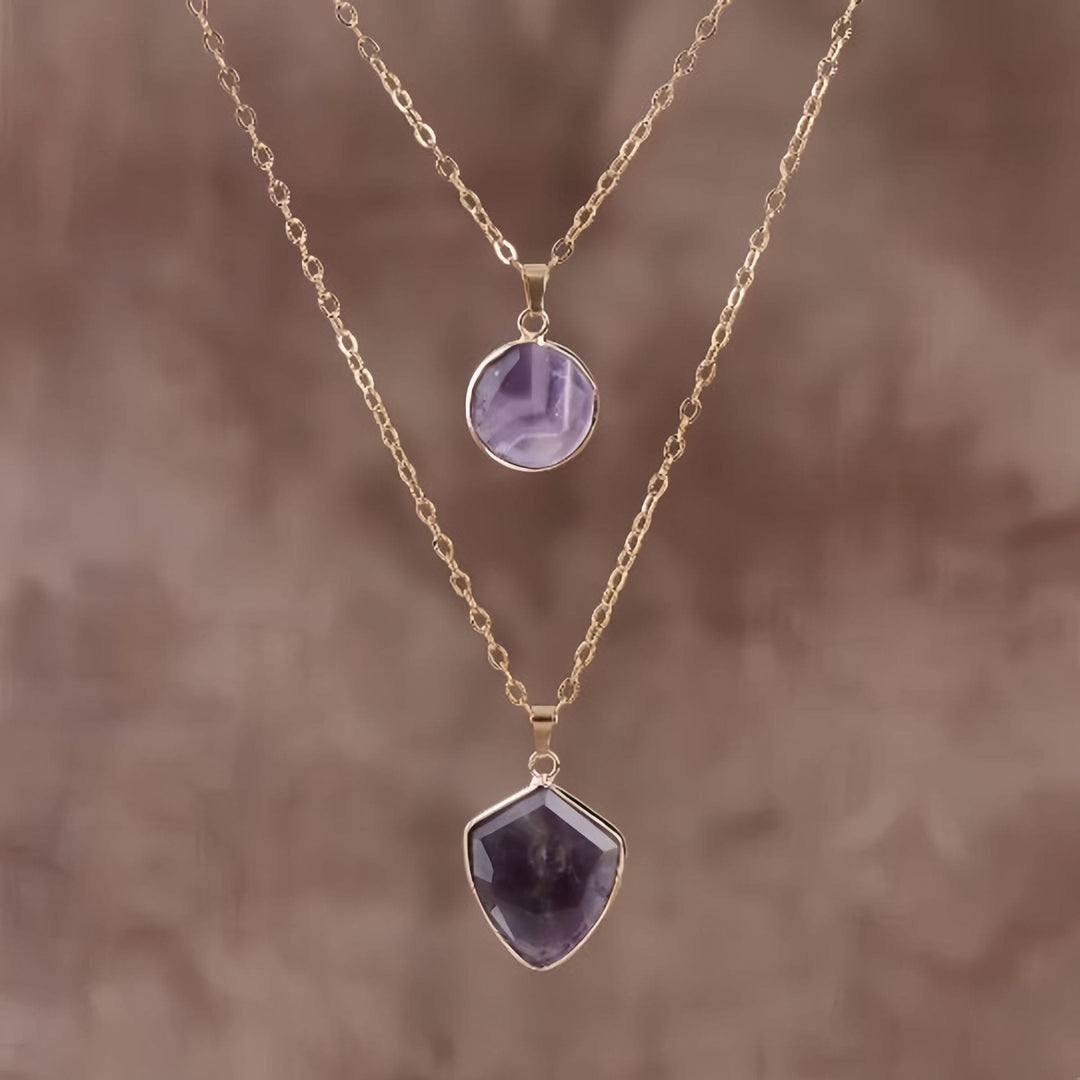 Olivenorma Natural Stone Double Chain Pendant Necklace - Amethyst - image 3