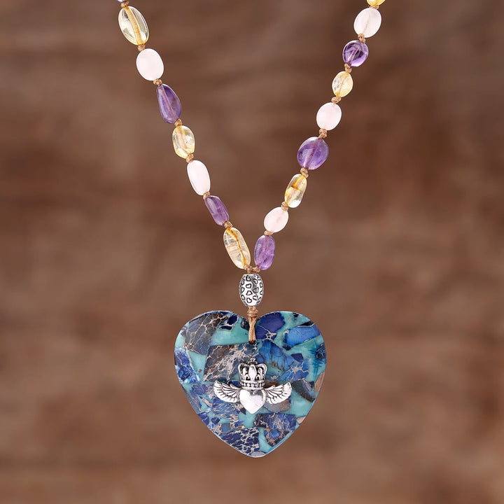 Olivenorma Natural Amazonite Pendant Rutilated Quartz Beaded Necklace - Dark Blue Emperor Stone & Heart - image 3