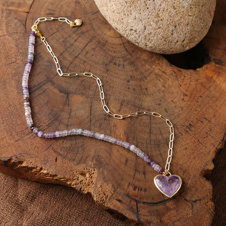Olivenorma Amethyst Rose Quartz Beaded Heart Pendant Necklace - image 1