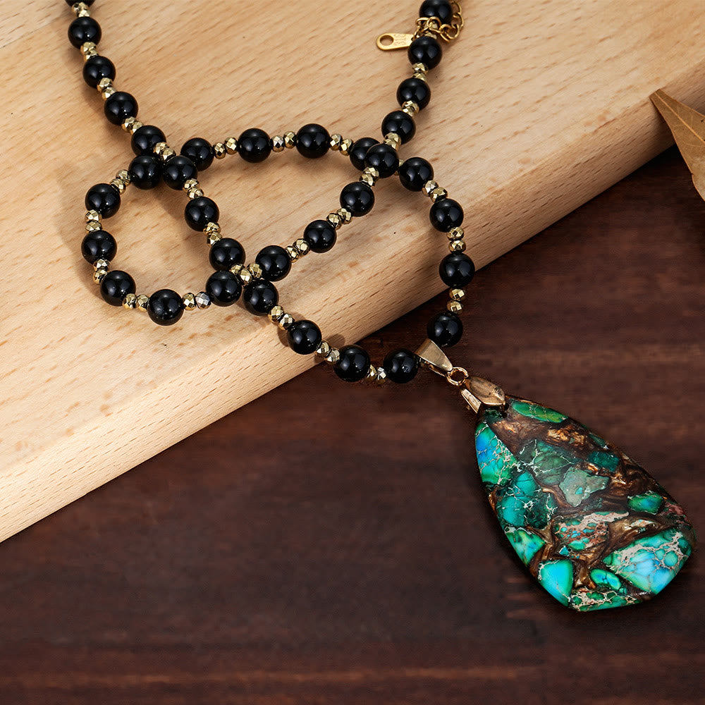 Olivenorma Black Onyx Beaded Green Emperor Stone Pendant Necklace - image 2