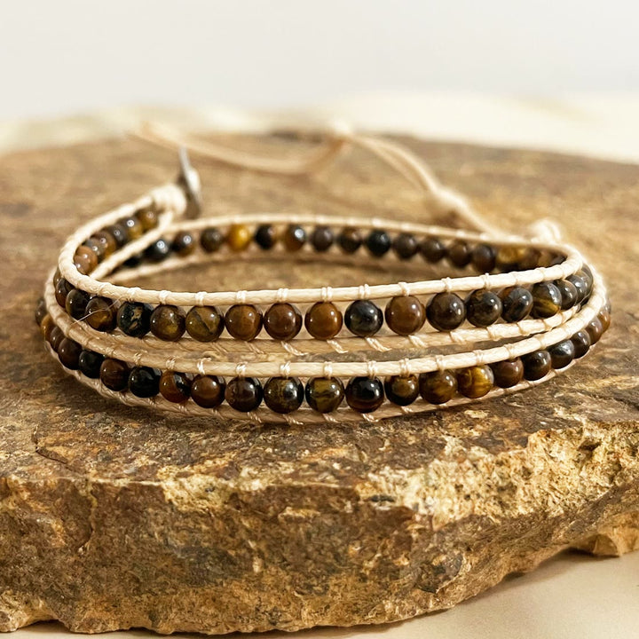 Olivenorma Natural stone beads leather rope braided Bracelet - Tiger Eye - image 0