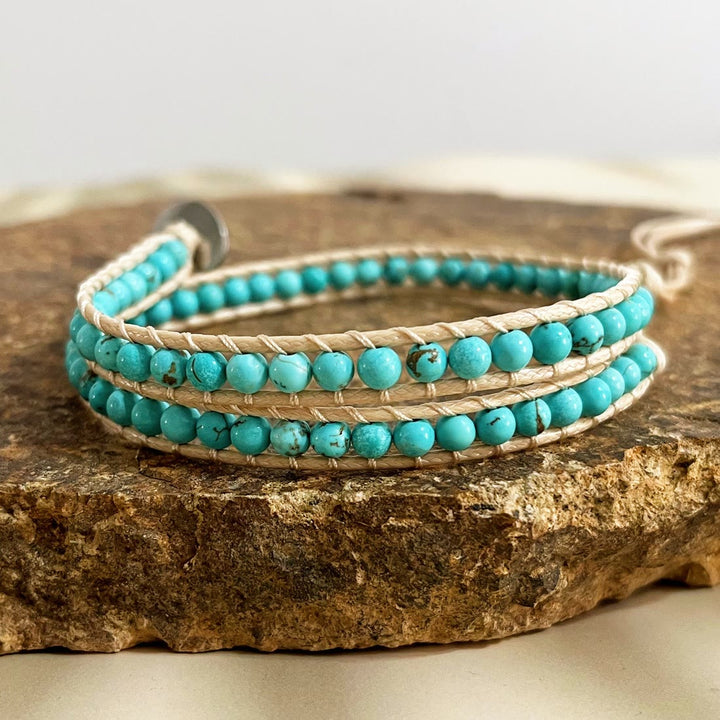 Olivenorma Natural stone beads leather rope braided Bracelet - Turquoise - image 4