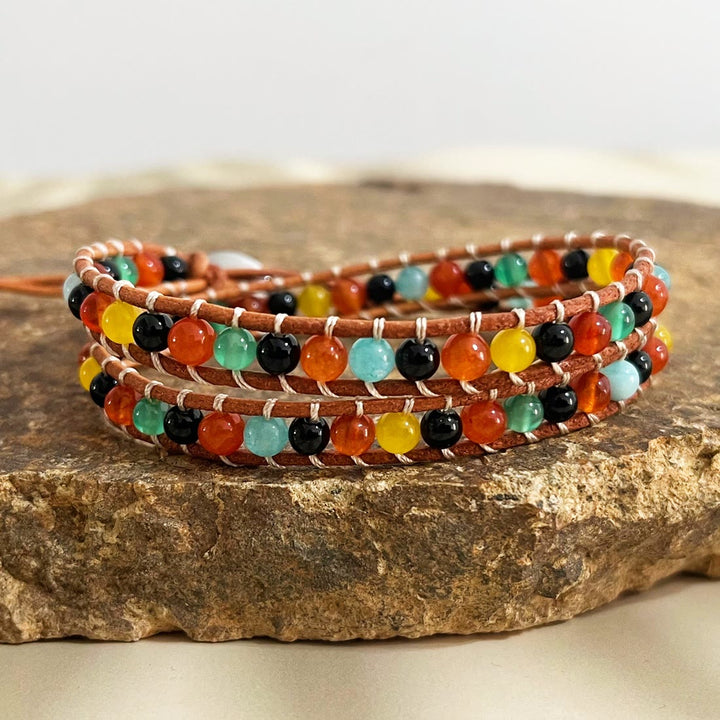 Olivenorma Natural stone beads leather rope braided Bracelet - Natural Stone - image 9