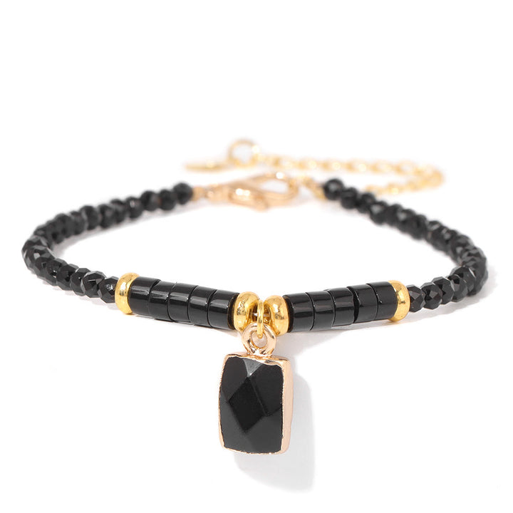 Olivenorma 3mm Natural Stone Beads Square Pendant Bracelet - Obsidian - image 11