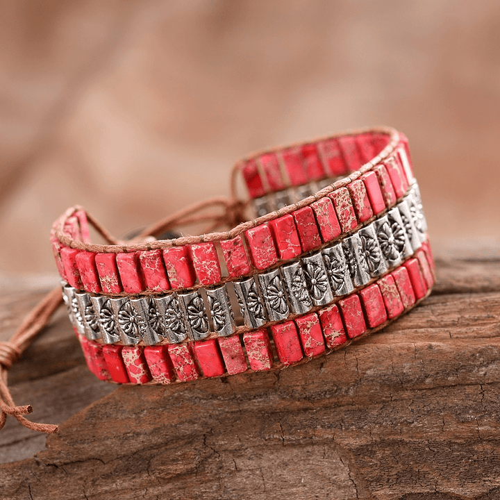 Olivenorma Emperor Stone Beaded Bohemian Wide Face Bracelet - Rose Red Emperor Stone - image 10