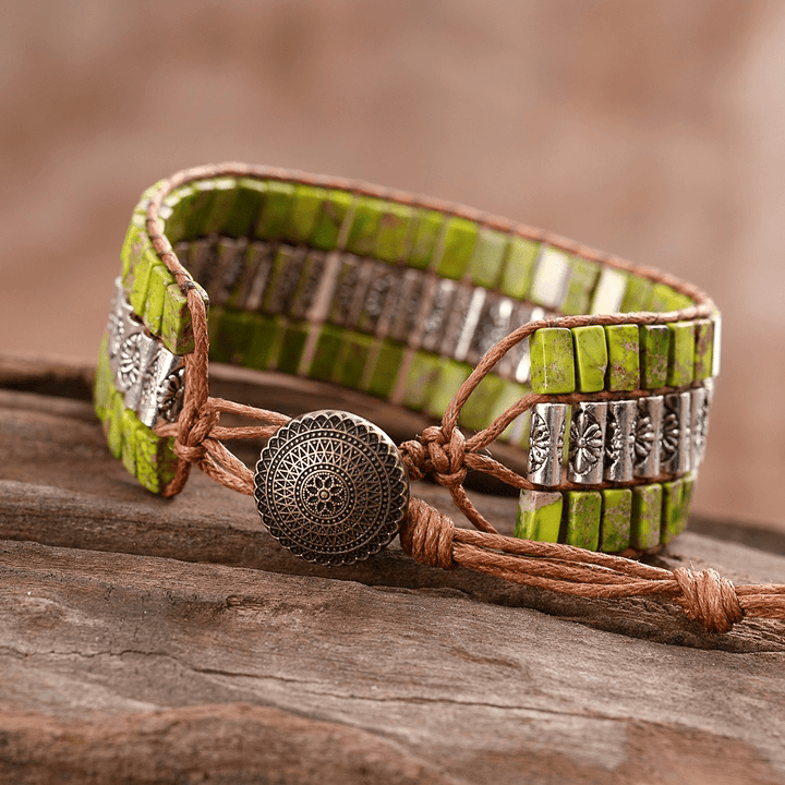 Olivenorma Emperor Stone Beaded Bohemian Wide Face Bracelet - Green Emperor Stone - image 6