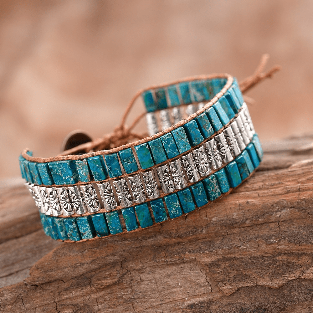 Olivenorma Emperor Stone Beaded Bohemian Wide Face Bracelet - Blue Emperor Stone - image 4