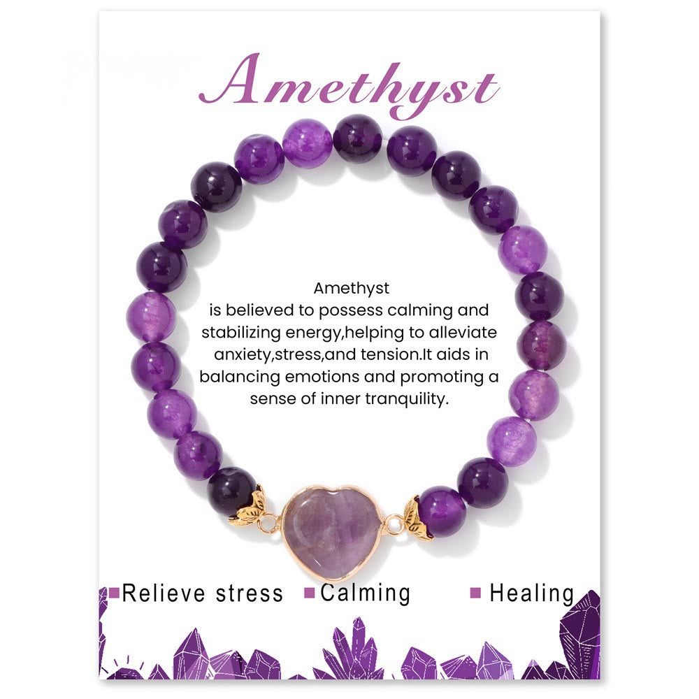Olivenorma 8mm Natural Crystal Beads Heart Pendant Bracelet - Amethyst - image 7