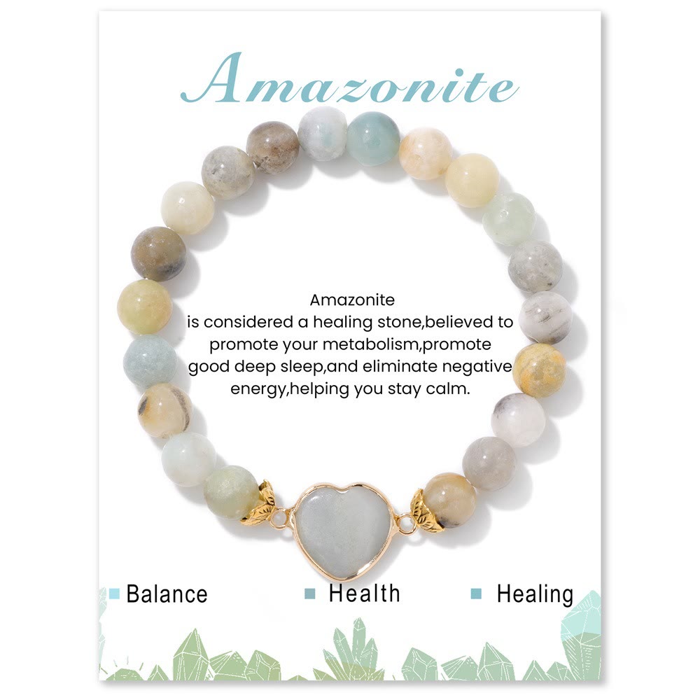 Olivenorma 8mm Natural Crystal Beads Heart Pendant Bracelet - Amazonite - image 1