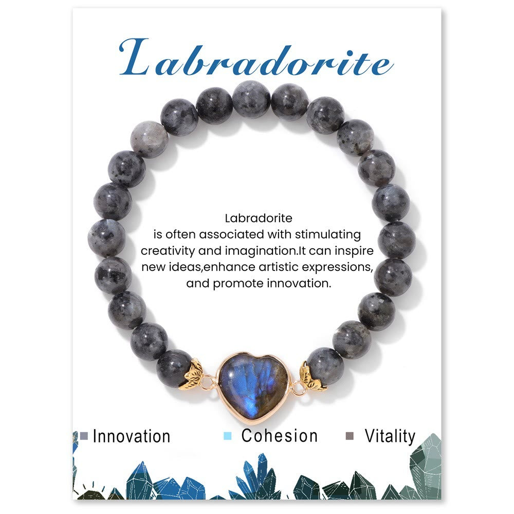 Olivenorma 8mm Natural Crystal Beads Heart Pendant Bracelet - Labradorite - image 4