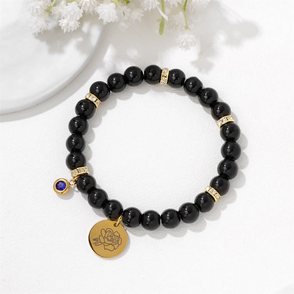Olivenorma 8mm Obsidian Beads Birth Flower Bracelet - image 0