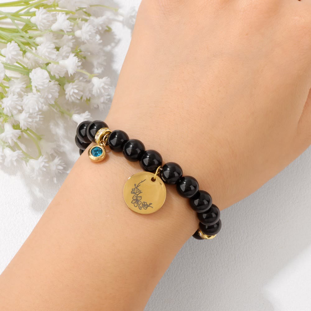 Olivenorma 8mm Obsidian Beads Birth Flower Bracelet - image 2