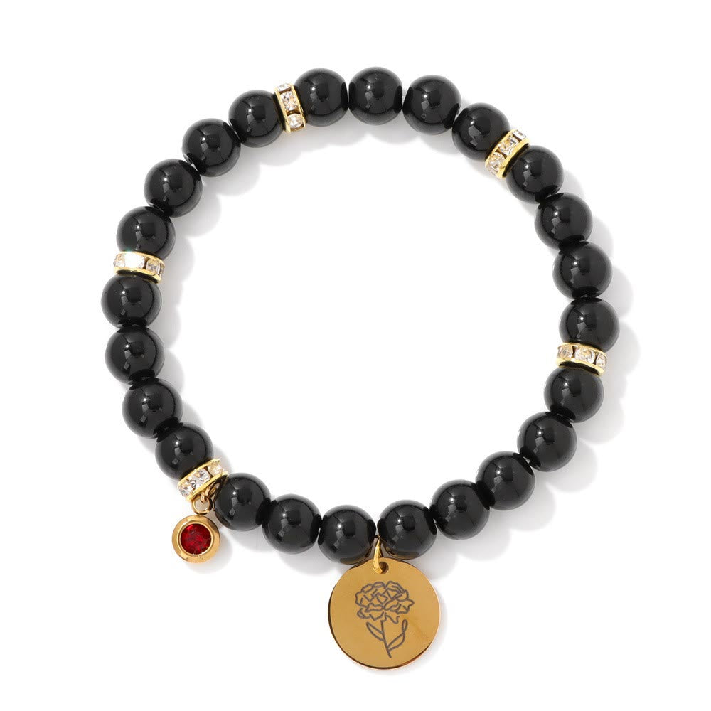 Olivenorma 8mm Obsidian Beads Birth Flower Bracelet - January-Carnation - image 1