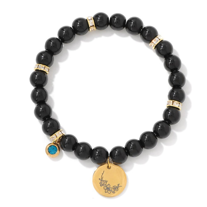 Olivenorma 8mm Obsidian Beads Birth Flower Bracelet - March-Cherry Blossom - image 4