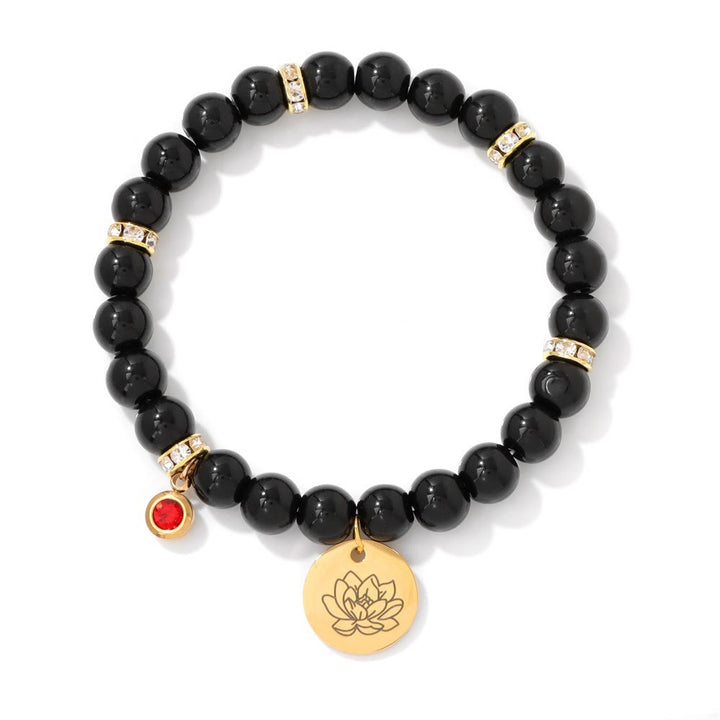 Olivenorma 8mm Obsidian Beads Birth Flower Bracelet - July-Lotus - image 8