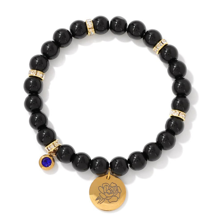 Olivenorma 8mm Obsidian Beads Birth Flower Bracelet - September-Peony - image 10