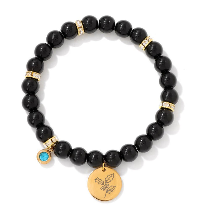 Olivenorma 8mm Obsidian Beads Birth Flower Bracelet - December-Holly Berry - image 13