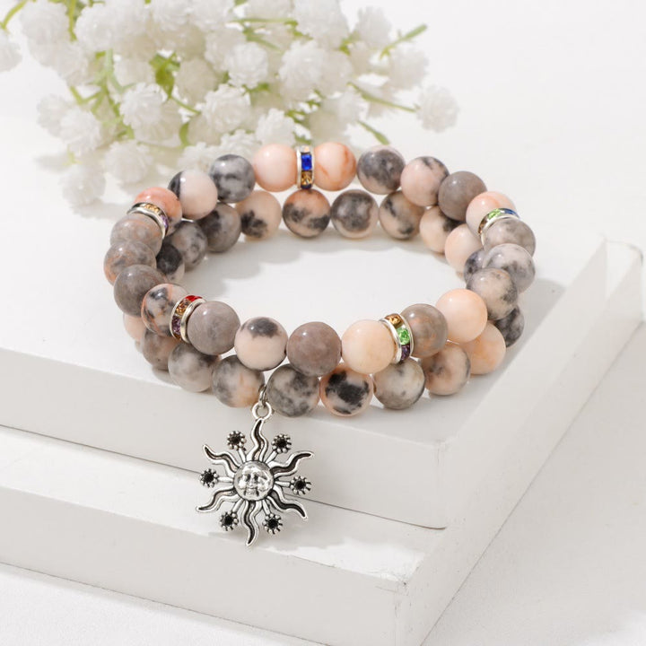 Olivenorma Natural Stone Beads Metal Sun Pendant Bracelet Set - image 0