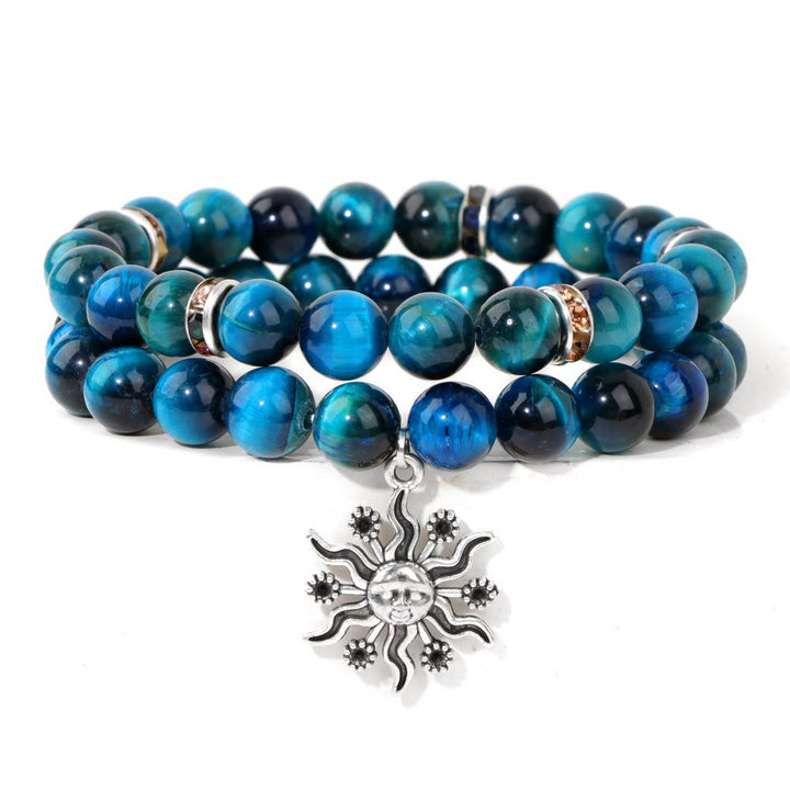 Olivenorma Natural Stone Beads Metal Sun Pendant Bracelet Set - Blue Tiger Eye - image 4