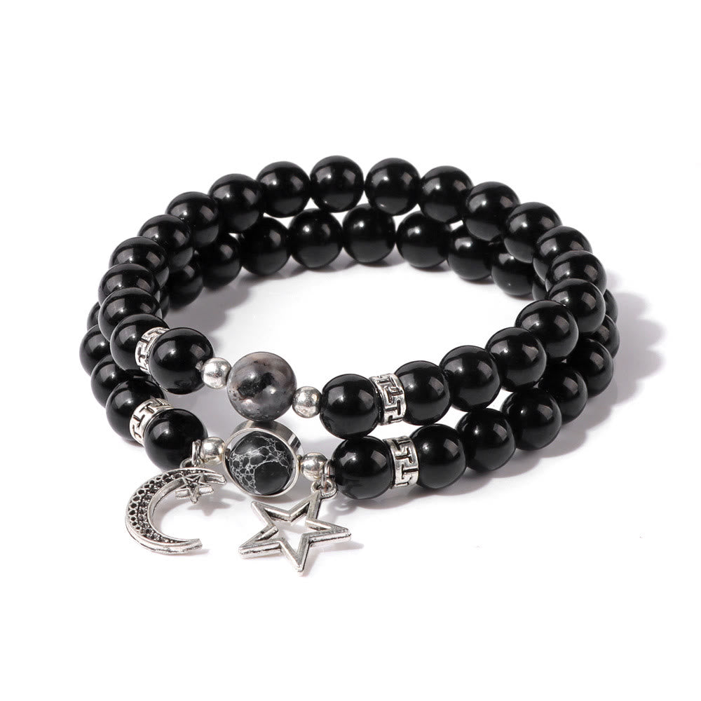Olivenorma Natural Stone Beads Moon Star Pendant Bracelet Set - Black Turquoise - image 1