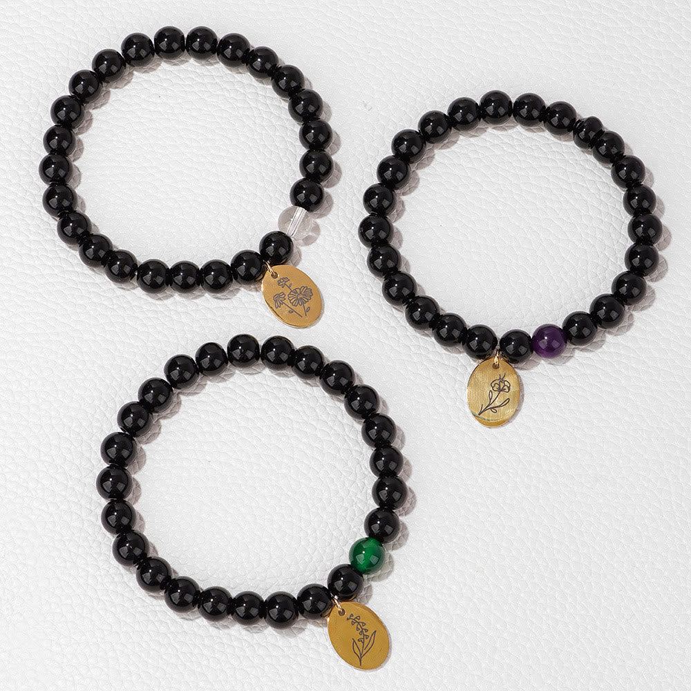 Olivenorma 8mm Obsidian Beaded Birth Flower Metal Bracelet - image 15