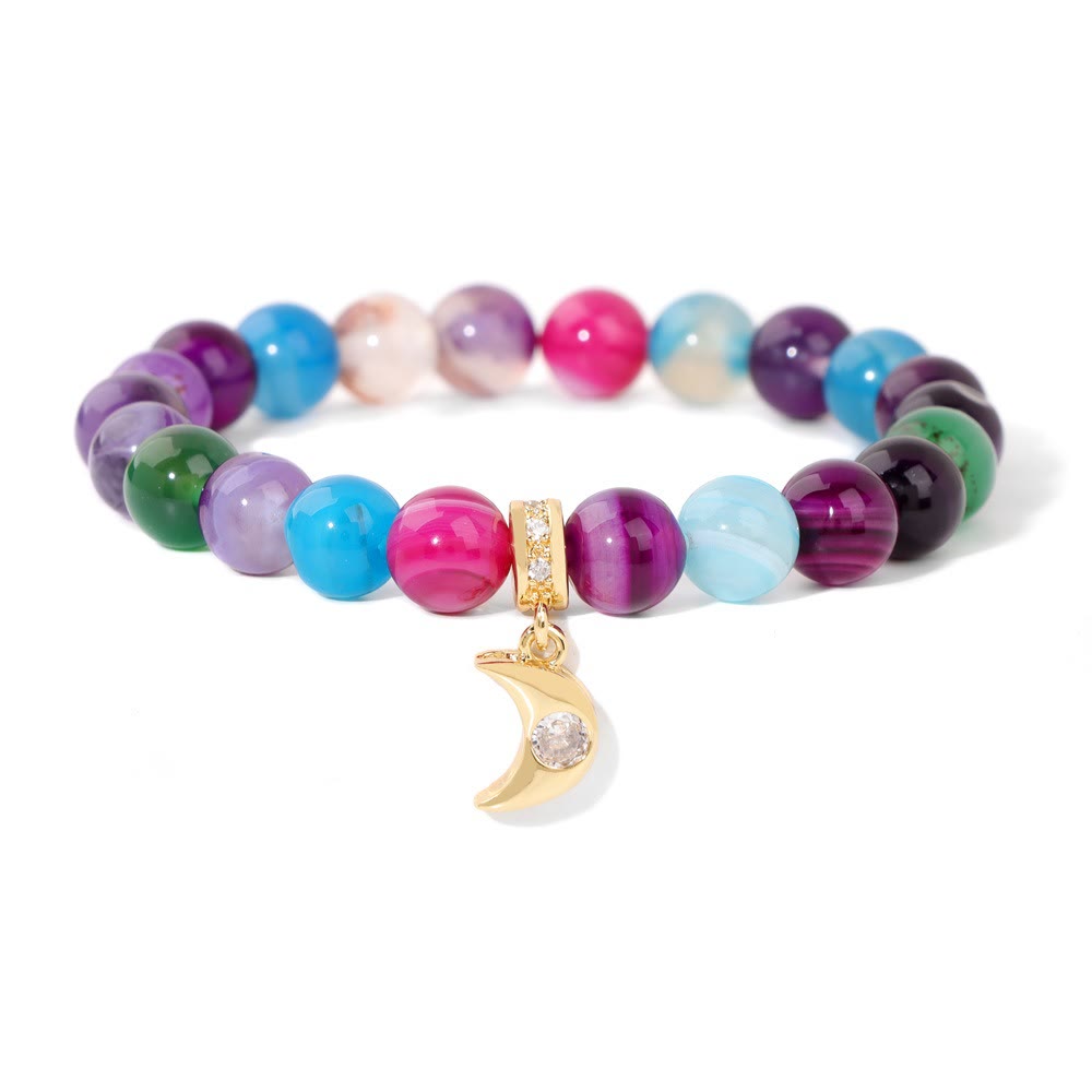 Olivenorma Natural Stone Beads Zircon Moon Pendant Bracelet - Colored Striped Agate - image 6