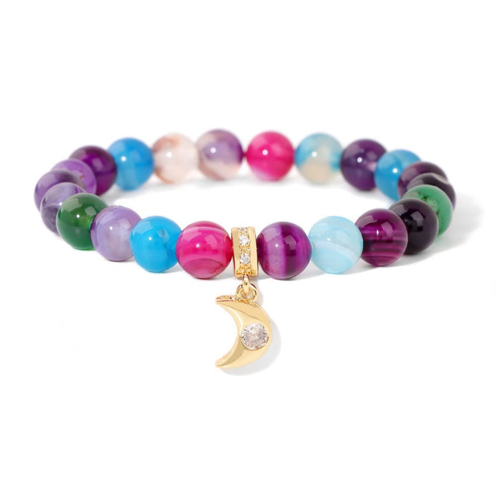 Olivenorma Natural Stone Beads Zircon Moon Pendant Bracelet - Colored Striped Agate - image 6