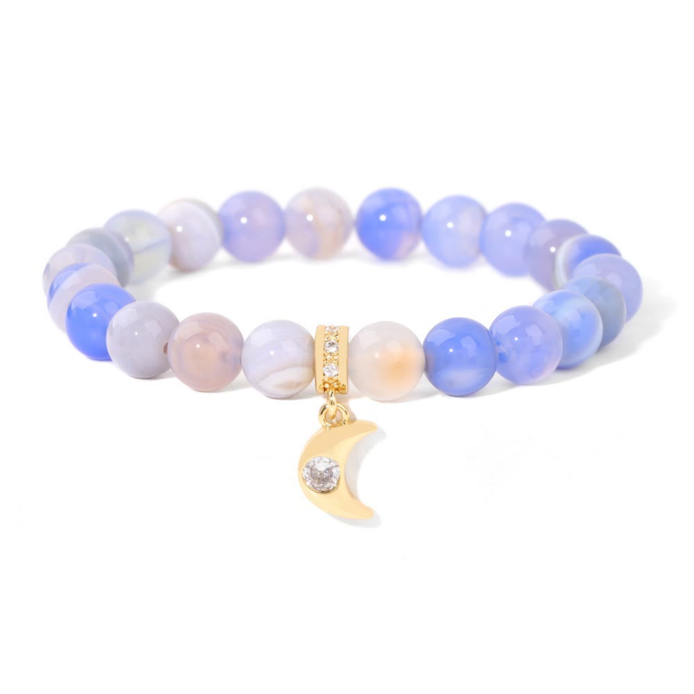 Olivenorma Natural Stone Beads Zircon Moon Pendant Bracelet - Blue Striped Agate - image 1
