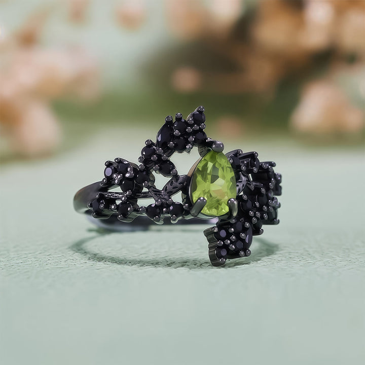 Olivenorma Pear Cut Peridot Obsidian Leaf Vine Ring - image 5
