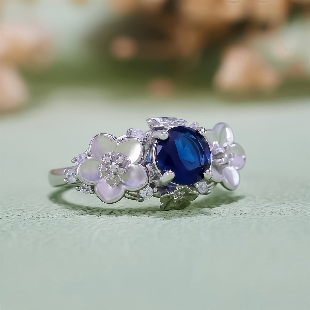 Olivenorma"Blooming Flowers" Sapphire Obsidian White Zircon Ring - image 6